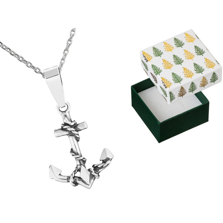 Colier lung din argint oxidat cu forma de ancora, Siju, 90cm, 925, set cu cutie cadou