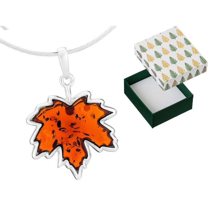 Colier lung din argint cu frunza de artar si chihlimbar, 50 cm, set cu cutie cadou