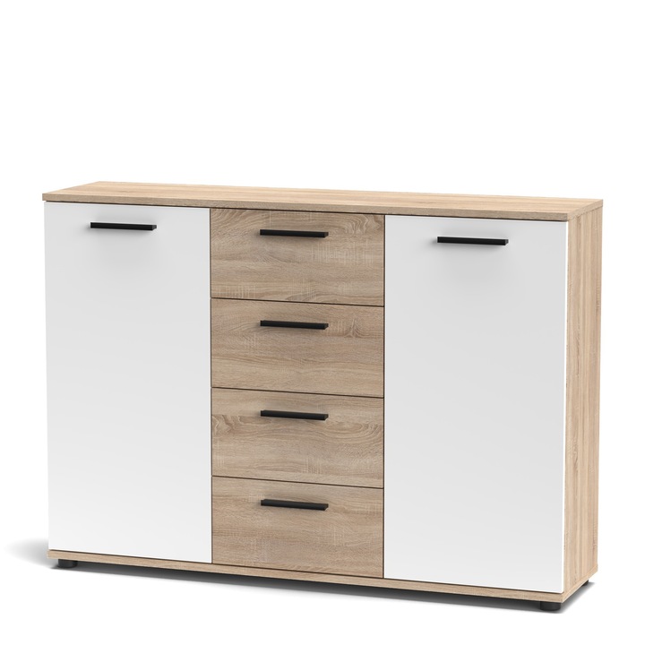 Comoda Berno, 120x85x32, 5 cm, Alb si Sonoma