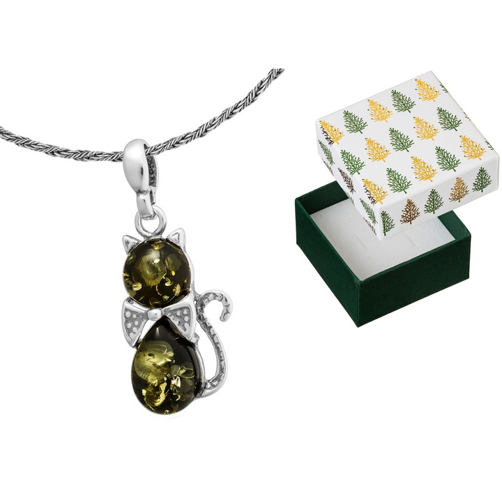 Colier lung din argint cu pisica si chihlimbar verde, Siju, 50cm, set cu ambalaj cadou