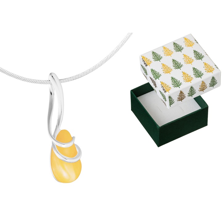 Colier lung din argint cu ambra laptos, Siju, 50 cm, set cu cutie de cadou