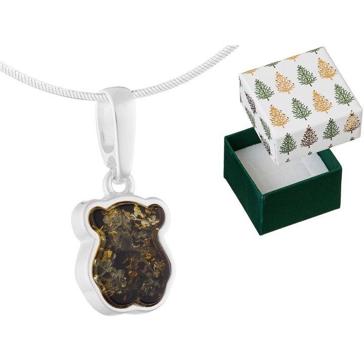 Colier dama, Siju din argint, choker, chihlimbar verde, 38 cm, set cu cutie de cadou