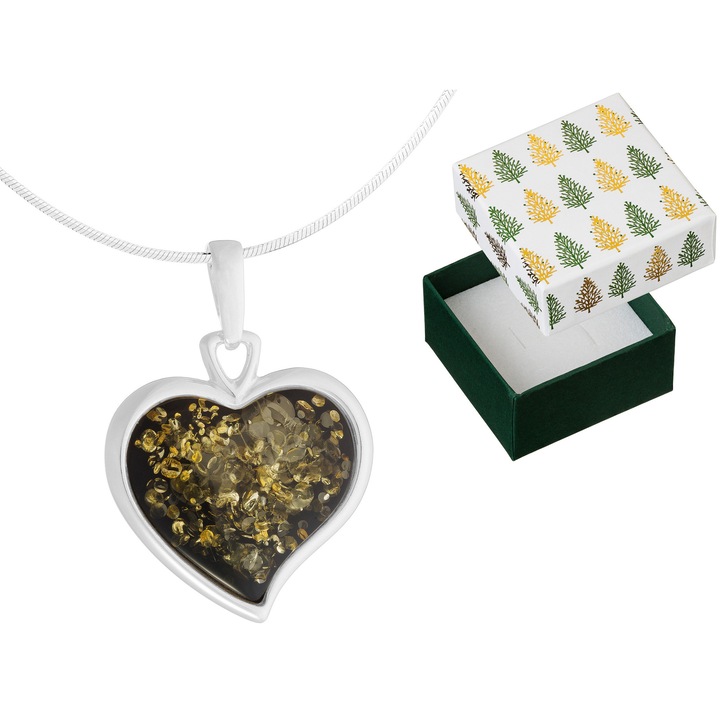 Colier lung dama, din argint cu inima mare si chihlimbar verde, Siju, 60cm, set cu cutie de cadou