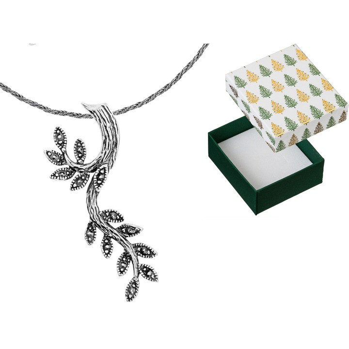 Colier dama, argint oxidat Siju, model ramura cu frunze, 45 cm, set cu cutie cadou