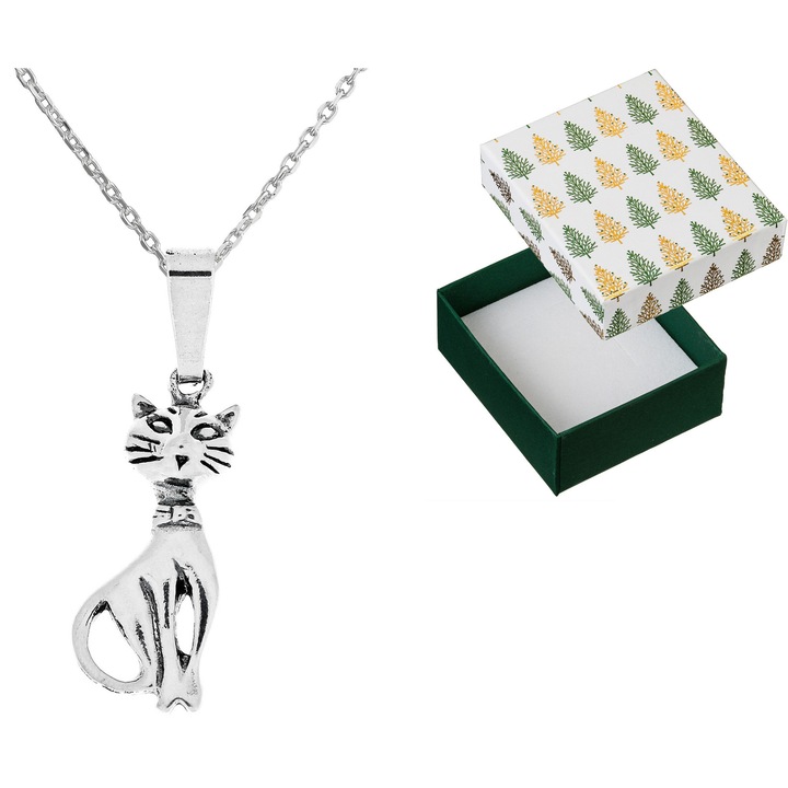 Colier dama, argint oxigenat cu pisica, Siju, 32cm, set cu cutie cadou