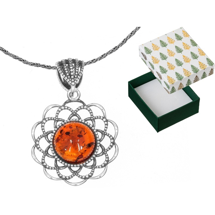 Colier scurt din argint oxidat cu rozeta si chihlimbar, 30cm, set cu cutie cadou, Siju