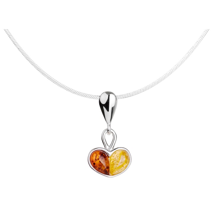 Colier scurt din argint 925 cu inima din chihlimbar, 42cm, cutie cadou
