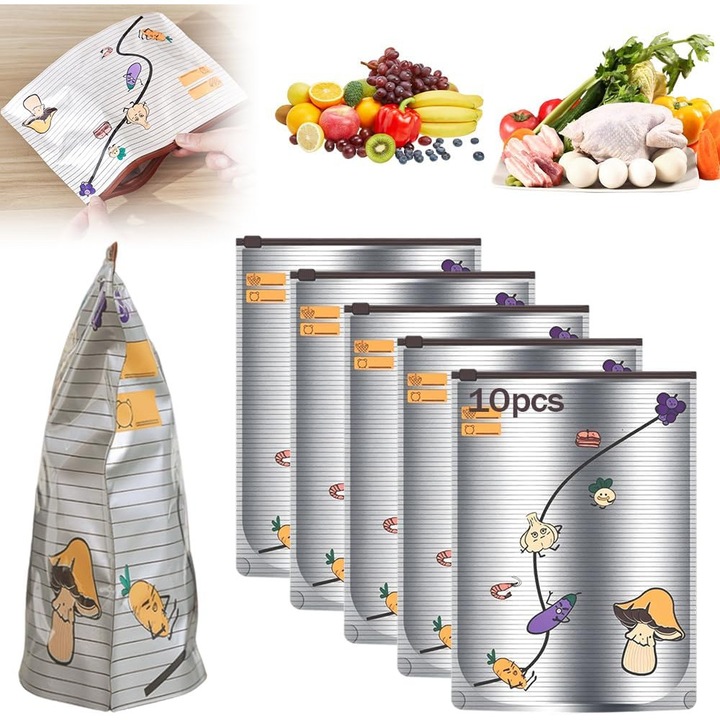 Pungi alimentare reutilizabile din folie de aluminiu, antibacteriene, set 10 bucati, 35.5x15.5cm, argintii, marimea M