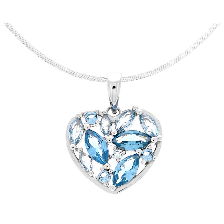 Colier lung din argint cu pandantiv in forma de inima, albastru, Siju, 90cm