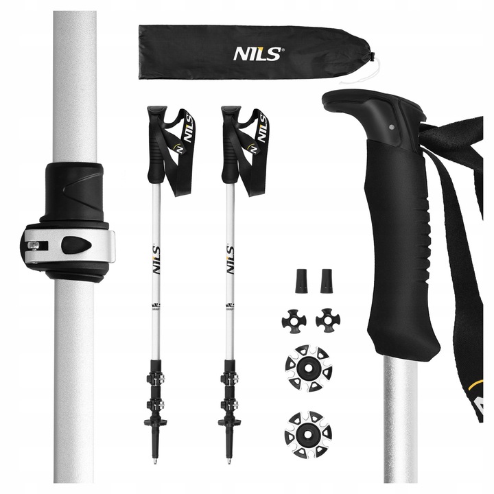 Bastoane trekking Nils TK8602, ajustabile, aluminiu, alb, 65x135cm, set cu accesorii