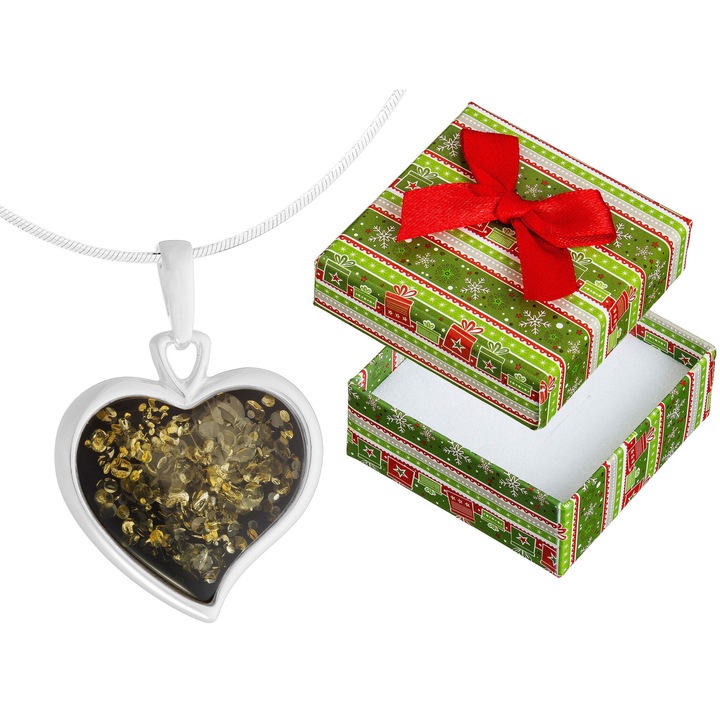 Colier lung din argint cu inima mare si chihlimbar verde, Siju, 65cm, set cu cutie de cadou