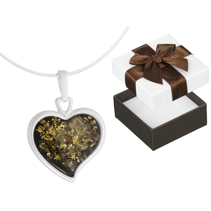 Colier Siju din argint 925 cu inima mare si chihlimbar verde, 45cm, set cu cutie cadou