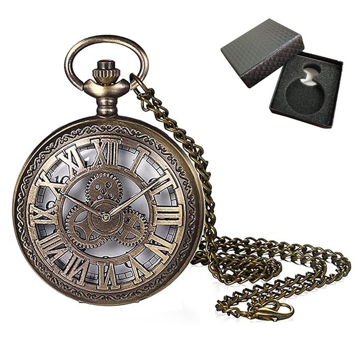 Ceas de buzunar vintage, mecanism quartz, cadran alb, carcasa metalica, lungime lant 80 cm, set cu cutie eleganta