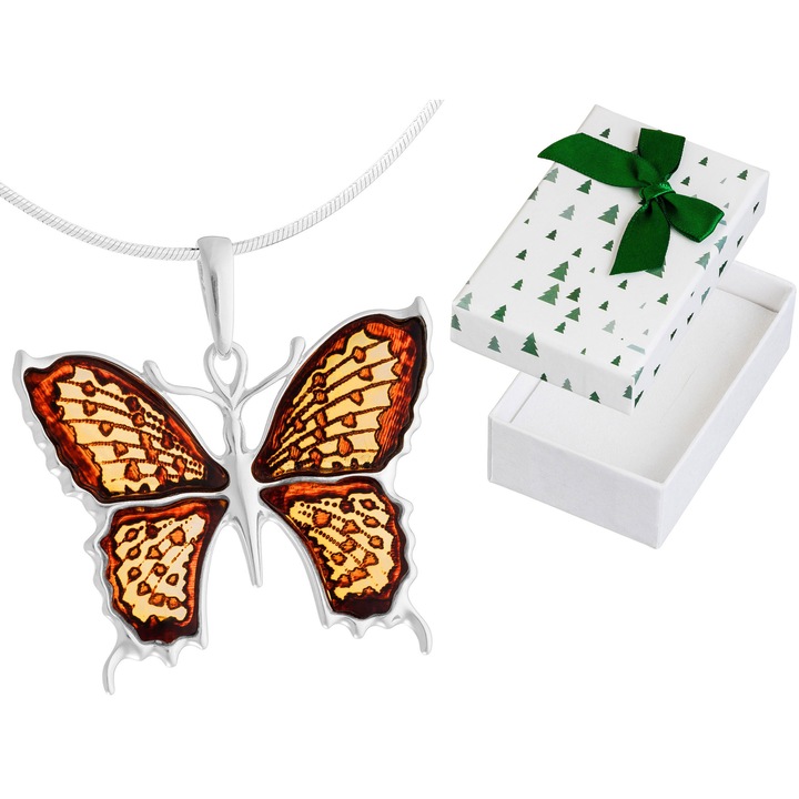 Colier mare de dama din argint cu fluture cu chihlimbar Fluture Choker scurt 38cm