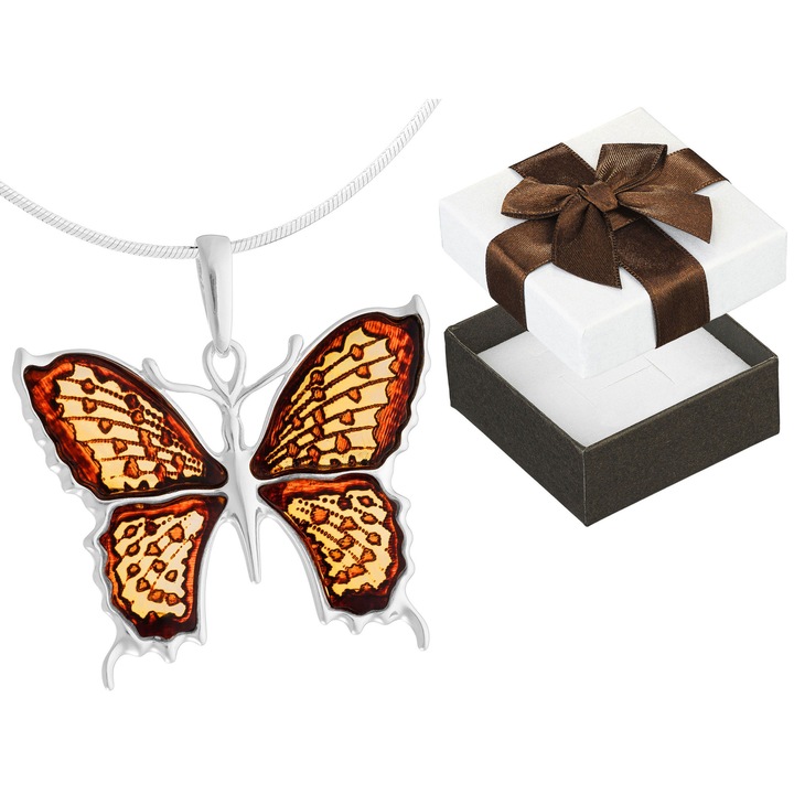 Colier lung din argint cu model de fluture si chihlimbar, 65cm, set cu cutie de cadou