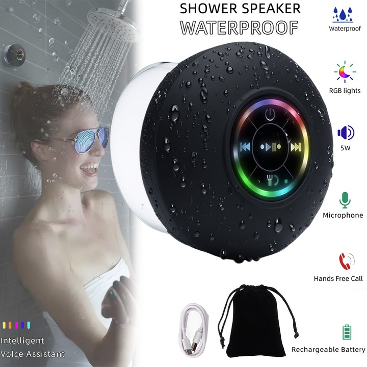 Difuzor Bluetooth impermeabil pentru dus cu ventuza, lumini LED, mini difuzor wireless portabil 5.0, microfon incorporat, pentru baie, piscina, bucatarie si utilizare in aer liber