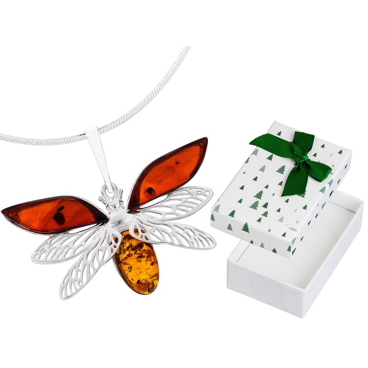 Colier cu pandantiv gandac, din argint, filigran si chihlimbar, Siju, 60 cm, set cu cutie de cadou