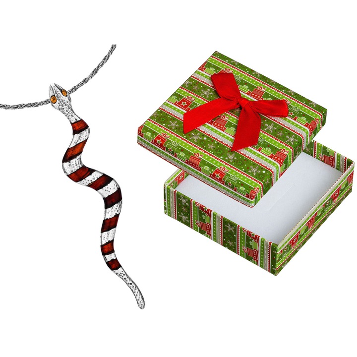 Colier cu pandantiv sarpe, din argint, zirconiu si chihlimbar, Siju, 30cm, finisaj oxidat, set cu cutie cadou