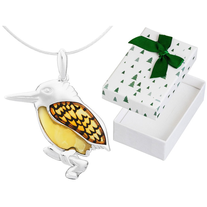 Colier lung din argint doua bucati de chihlimbar, 70cm, set cu cutie cadou