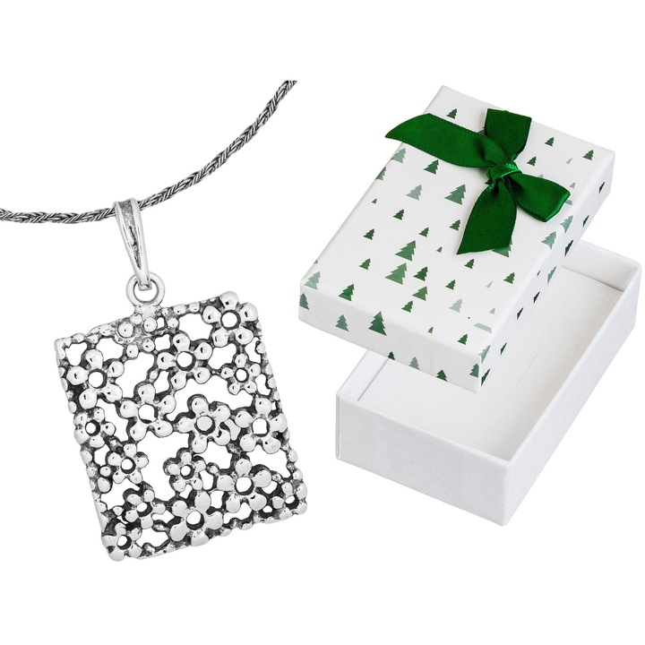 Colier scurt din argint oxidat Siju, motiv floral, 35cm, hipoalergenic