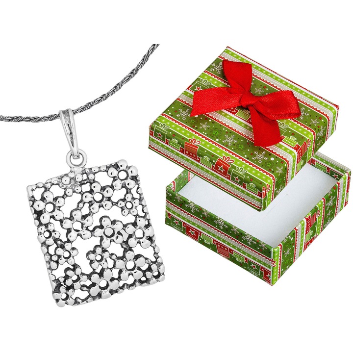 Colier scurt din argint oxidat Siju, motiv floral, 32cm, set cu cutie cadou