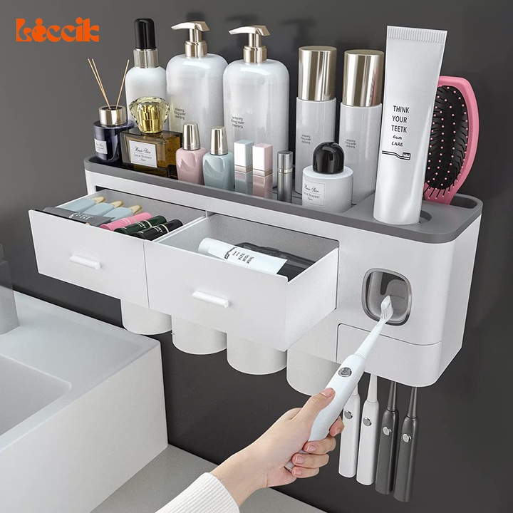 Suport pentru Periuta de Dinti, Leccik, Dispenser Pasta de Dinti, Multifunctional, Gri, 37x10x10cm