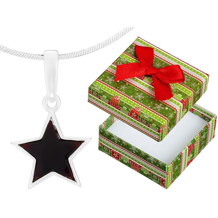Colier din argint cu forma de stea, Siju, cu ambra visinie, 75cm, set cu cutie cadou