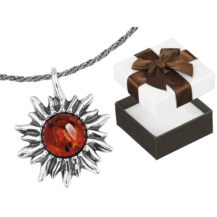 Colier Siju din argint oxidat cu piatra de chihlimbar, 42 cm, set cu cutie de bijuterii