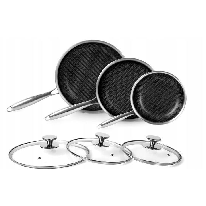 Комплект от 3 тигана от неръждаема стомана SUS 304 с незалепващо покритие, 20-28 см, индукция