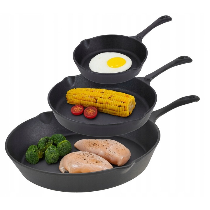 3 db öntöttvas serpenyő készlet 25, 20, 16 cm - indukciós, gáz, sütő