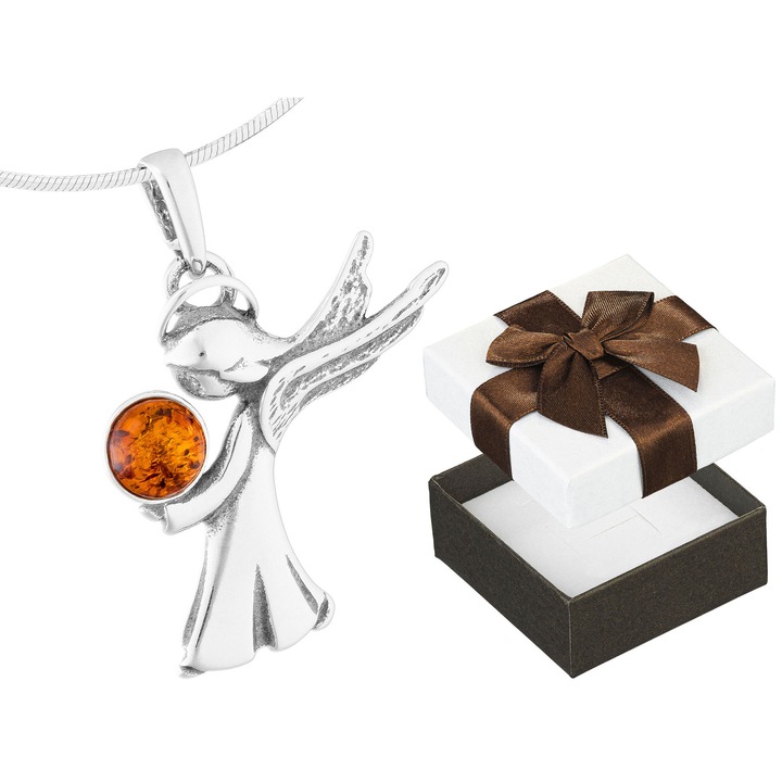 Colier Siju din argint cu model de ingeras si piatra de chihlimbar, 35cm, argint oxidat