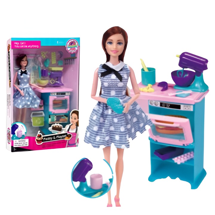 Szakácsbaba szett bútorokkal és konyhai kiegészítőkkel, kék ruhával, 35x23cm