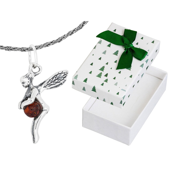 Colier din argint cu elf si chihlimbar, Siju, 80cm, argint oxidat, set cu cutie de cadou