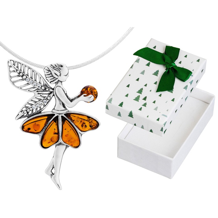 Colier lung din argint cu elf si chihlimbar, Siju, 70cm, argint oxidat, set cu cutie cadou