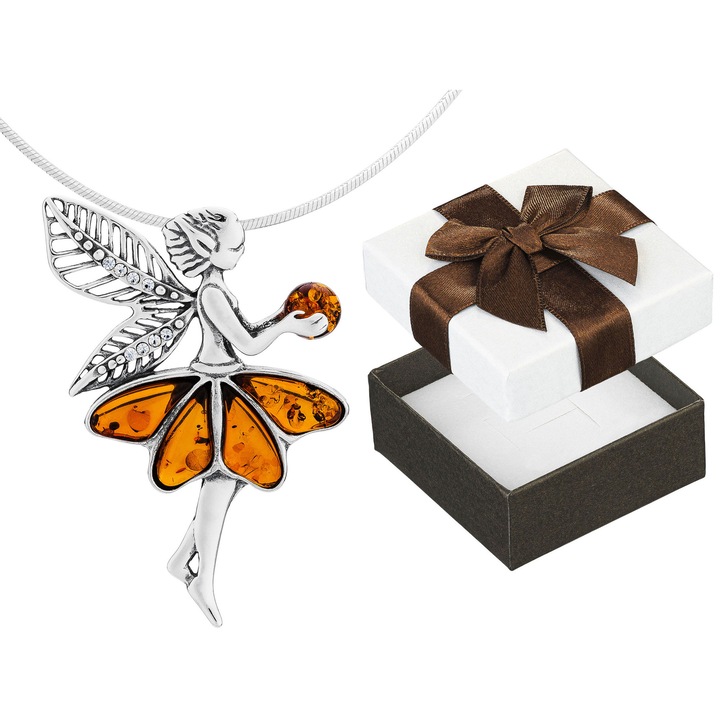 Colier lung din argint cu elf si chihlimbar, Siju, 50cm, argint oxidat, set cu cutie cadou