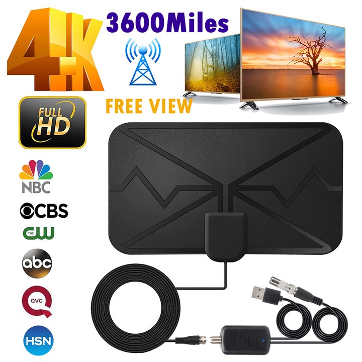 Antena TV digitala 4K, amplificator de semnal, raza 3600 mile, neagra, 21x12x2cm, set complet