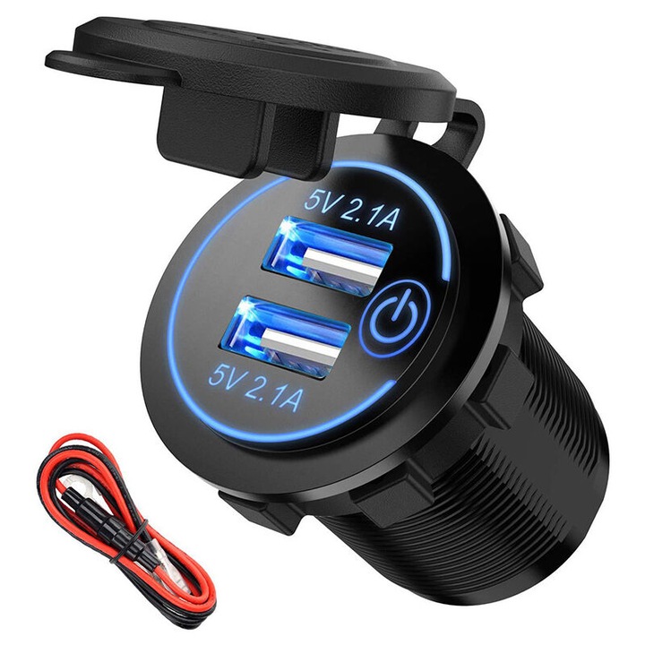 Incarcator auto USB dual 12V, 4.8A, porturi 5V/2.4A, rezistent la apa, pentru masini, motociclete, barci