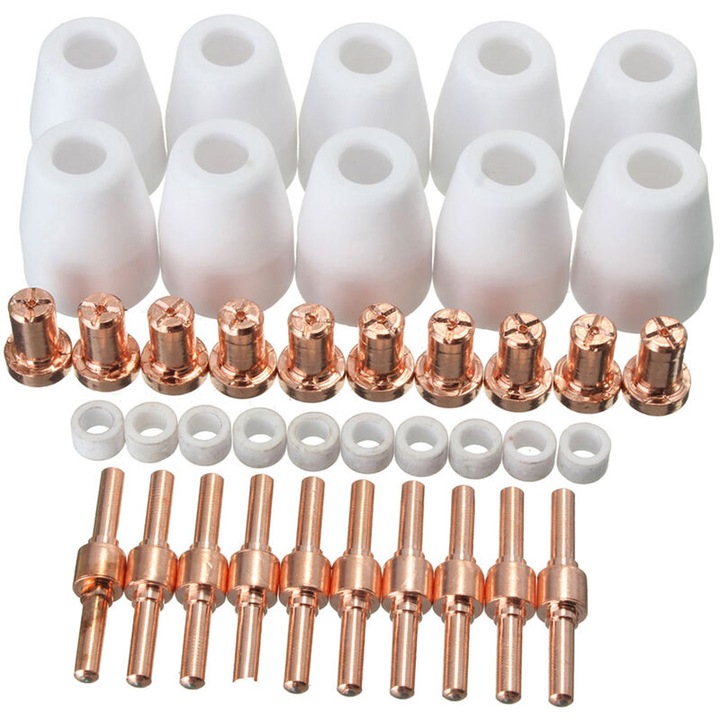 Set 40 piese accesorii taiere plasma, cu duze ceramice, inele vortex, metal, roz aurie si alb, dimensiuni 15x11mm, 39x3.5mm