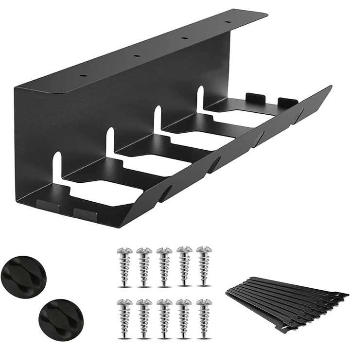 Органайзер за кабели, 43x10см, черен, с аксесоари, комплект за бюро