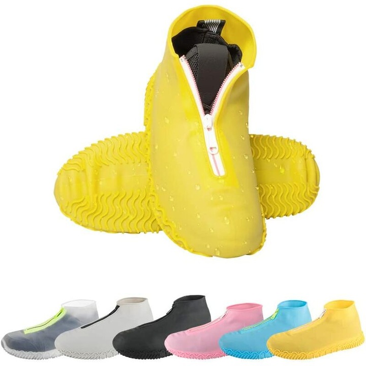 Caciulite impermeabile din silicon, reutilizabile, cu fermoar, set 2 perechi, galbene, marimea M