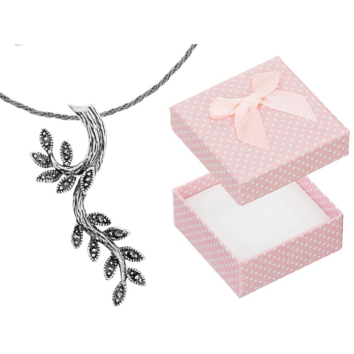 Colier scurt din argint oxidat Siju, model ramura cu frunze, 35 cm, cutie cadou inclusa