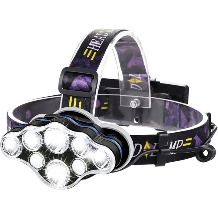 Lanterna puternica 18000 lumeni, 8 LED-uri, reincarcabila, 8 moduri, ajustabila 90°, impermeabila