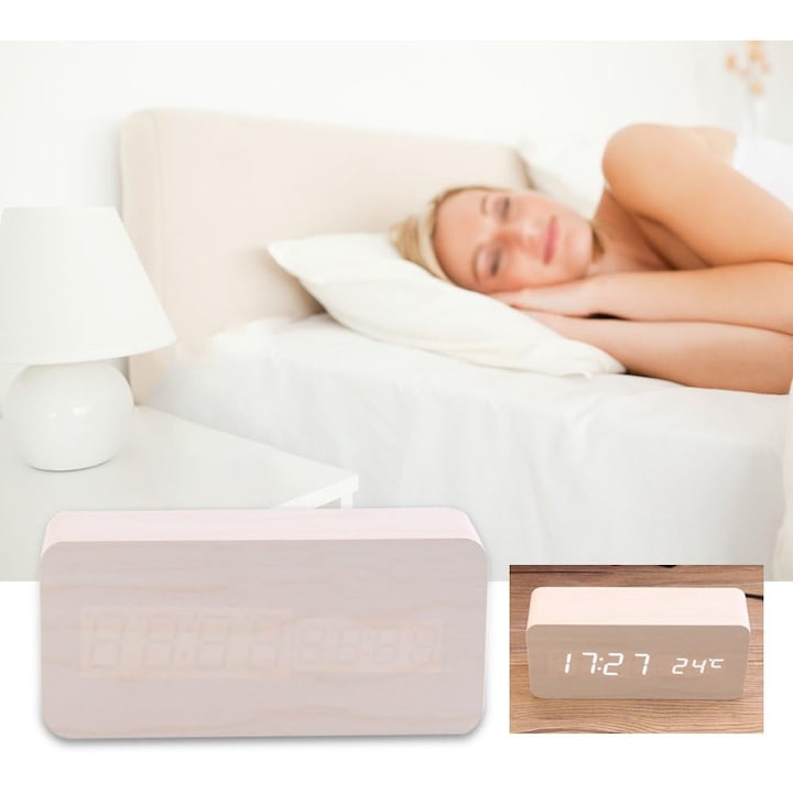 Fából készült asztali óra, mini digitális ébresztőóra, hőmérséklet funkcióval, hordozható, USB-ről vagy elemmel működik, otthoni és irodai használatra