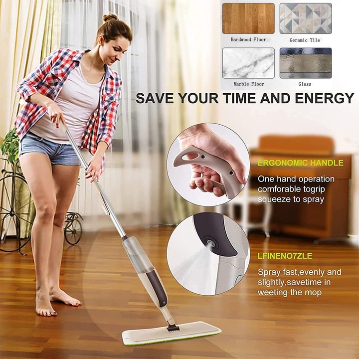 Mop cu spray, 3 pad-uri din microfibra, design ergonomic, multicolor