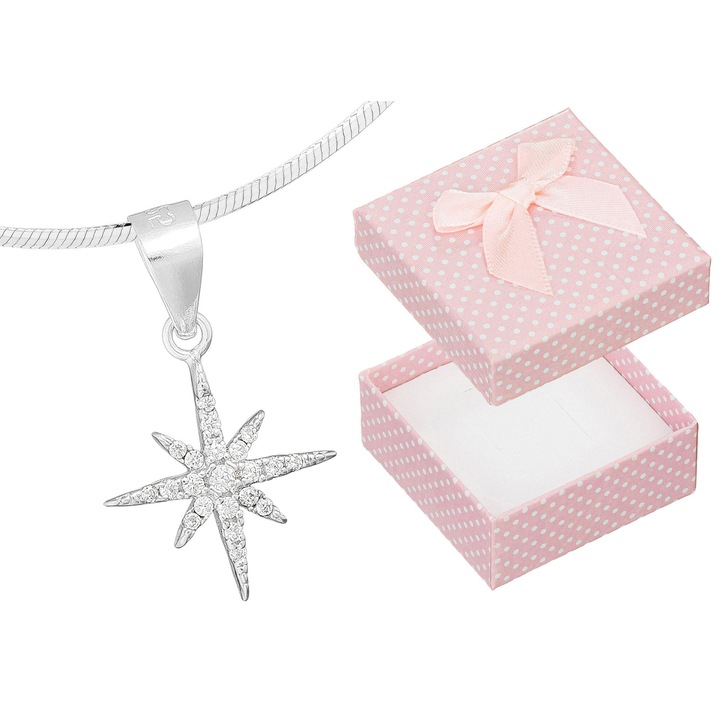 Colier dama din argint Siju, stea mica cu zirconii, argint rodiat, 42 cm, set cu cutie de bijuterii