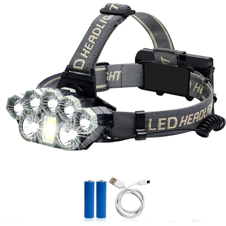 Lanterna cu LED-uri, 8 LED-uri, 2 baterii reincarcabile, rezistenta la apa, 6 moduri de iluminare, set