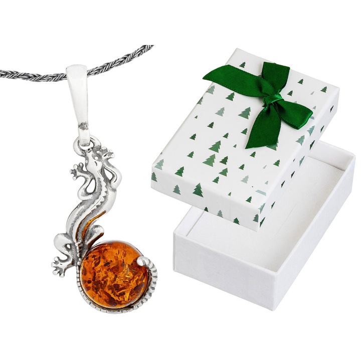 Colier dama din argint oxidat cu chihlimbar, 50 cm, Siju cu cutie cadou