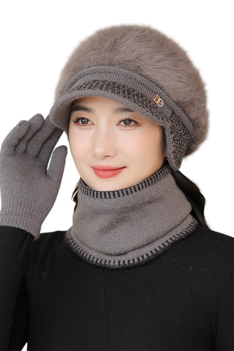 Caciula dama, set doua piese, model cu fular tip guler asortate, captuseala calduroasa, tematica cozy winter, marime universala, maro, EFAYN