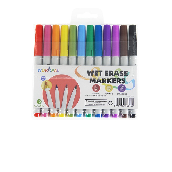 Комплект от 12 маркера за мокро изтриване, ултратънък връх 0.8 мм - против петна, издръжлив, за проектор, прозрачни фолиа, ламиниран календар, планери, училище, офис
