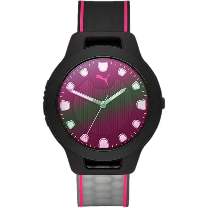 Ceas dama Puma Reset P1026, analogic, quartz, negru-roz, 39x12mm, curea silicon